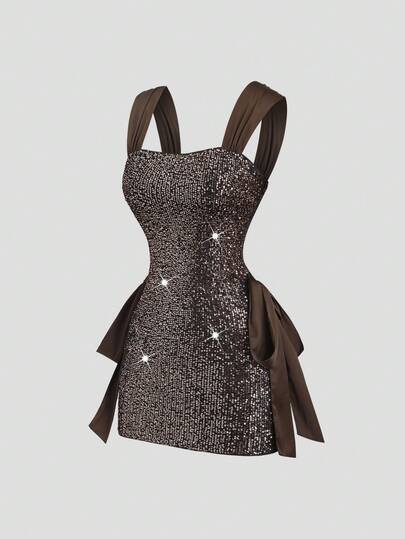 Sweetra 女士新款亮片、水钻装饰露肩紧身迷你连衣裙，缎带腰部系带，适合派对、万圣节、春秋季