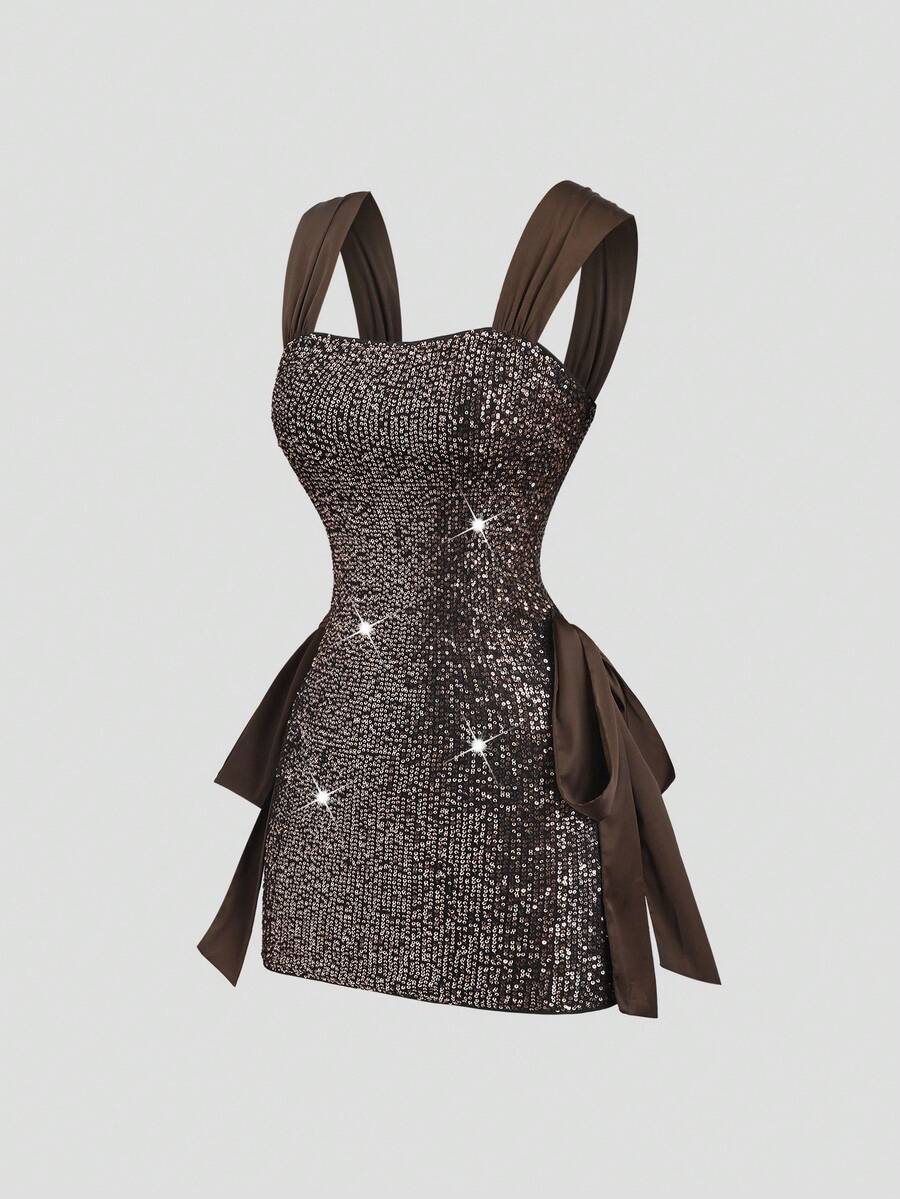 Sweetra Đầm ôm sát vai trễ vai đính đá lấp lánh mới dành cho nữ, thắt eo bằng vải sa tanh, thích hợp cho tiệc tùng, Halloween, mùa xuân/thu - Cà phê nâu - Xem 1