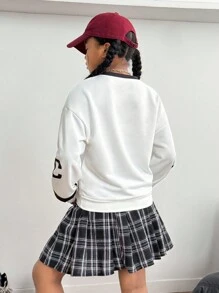 Girls'Long Sleeve English Print Sweatshirt+Black And White Plaid Skirt Set,Casual,School,Back-To-School,Autumn Fashionable Comfortable Outfit Set - White - View 9