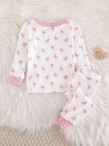 Cozy Pixies Young Girl Snug Fit Cartoon Rabbit Print Contrast Color Crew Neck Long Sleeve Top And Pants 2 Pieces Pajama Set Fall Winter - Multicolor - View 2