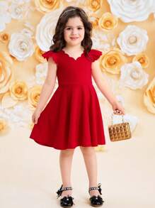 SHEIN Young Girl Knitted Red Color Bishop Sleeve Fitted Red Dress,Suitable For Valentine's Day/Everyday Wear - Red - View 4