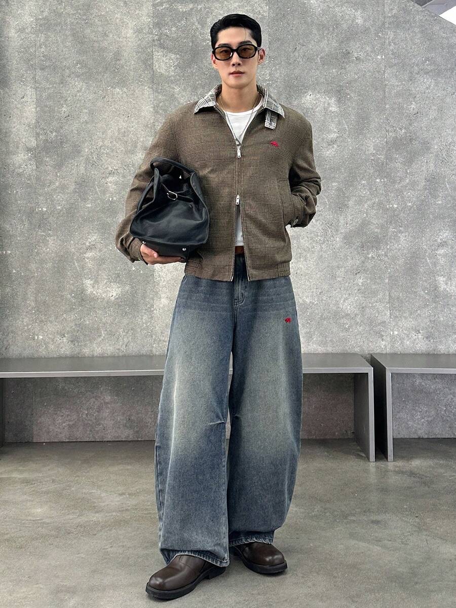 SWAVVY Men's Casual Commuter Plaid Patchwork Jacket, Fall, Winter - Brown - View 1