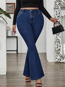 SHEIN Tall CURVE 大码秋冬返校季万圣节圣诞节街头风商务休闲女装乡村复古低调老钱商务休闲女装工作服教师装女装教堂装女装保暖内衬牛仔裤日常穿着经典蓝色喇叭牛仔裤，舒适贴合，设计时尚女式弹力牛仔时尚喇叭牛仔裤，打造日常优雅造型 - 藍色 - 查看 4