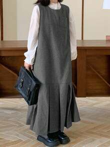 FRIFUL Women's Casual Commuter Pleated Hem Sleeveless Dress Pinafore Dress Drop Waist Dress Pleated Dress Gray Dress Jumper Dress