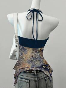SHEIN EZwear Navy Blue Vintage Floral Pattern Women's Camisole Top, Suitable For Summer - Blue - View 2