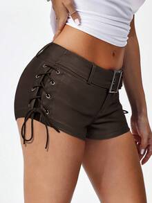 Jeanoix Shorts con hebilla y cinturón, pantalones cortos de moda para el verano - Marrón Chocolate - Ver 6