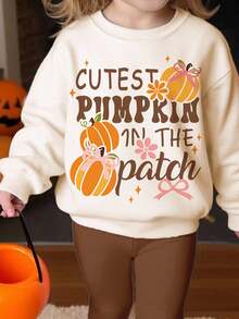SHEIN Cream White Cute Pumpkin & Bow Print Sweatshirt And Leggings Set, Cozy Thick Round Neck Long Sleeve Pullover And Skinny Pants, Suitable For Autumn/Winter, Halloween Pumpkin, Autumn Outfits, Easy Comfort, Autumn Layers For Baby & Girls, Stylish Baby Girl, Casual Wear, Baby & Baby Girl Graphic Clothes, Fall Clothes