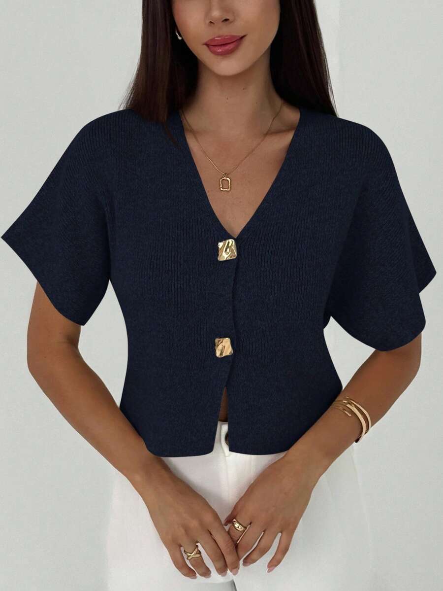 Aloruh New Minimalist Fashion Commuter Deep V-Neck Short Sleeve Thin Double-Button Cinched Waist Fitted Casual Cardigan,Fall - Navy Blue - View 1
