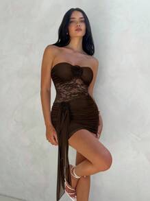 Aloruh Women's Sexy Elegant Lace Patchwork 3D Floral Decor Fitted Mini Beach Vacation Dress