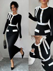 Elenzga Women's Contrast Color Long Sleeve Dress - Black and White - View 1