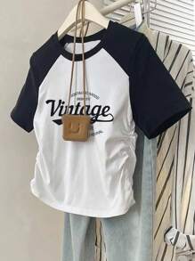 SHEIN 新款修身撞色百褶插袖短袖女式T恤图案T恤女式上衣 - 黑與白 - 查看 3