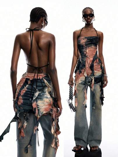 LYSMO 2025 New Arrival Spring-Summer Women's Post-Apocalyptic Style Vintage Distressed Tie-Dye Ruffled Asymmetrical Long Slim Halter Neck Camisole, Vintage Casual, Post-Apocalyptic Aesthetic