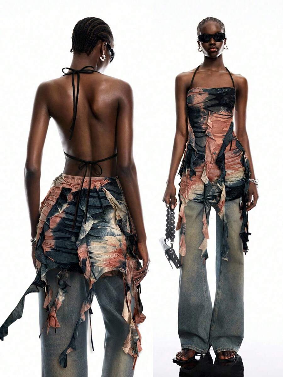 LYSMO 2025 New Arrival Spring-Summer Women's Post-Apocalyptic Style Vintage Distressed Tie-Dye Ruffled Asymmetrical Long Slim Halter Neck Camisole, Vintage Casual, Post-Apocalyptic Aesthetic - Multicolor - View 1