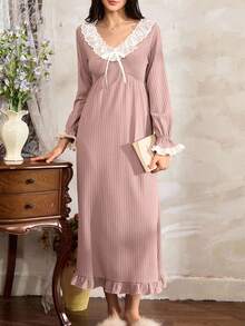 女士优雅荷叶边撞色蕾丝法式长袖睡袍睡裙，秋季 - 藕粉色 - 查看 5