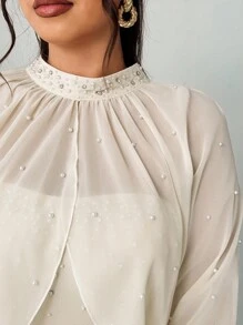 Elenzga 大尺碼女款優雅派對場合雪紡綴珠上衣與高腰寬腿連身褲兩件套，春/秋/冬 - 杏色 - 查看 8
