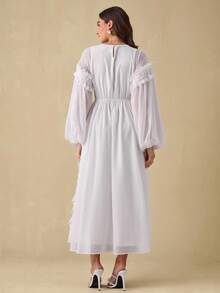 女士优雅纯色灯笼袖连衣裙 - 白色 - 查看 7