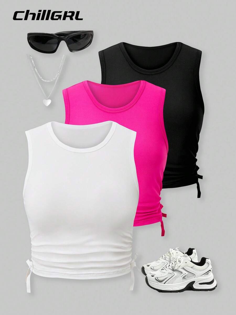 SHEIN Explorewe Tween Girls Solid Color Round Neck Side Tie Design Camisole Layering Tops, Multi-Pack - Multicolor - View 1