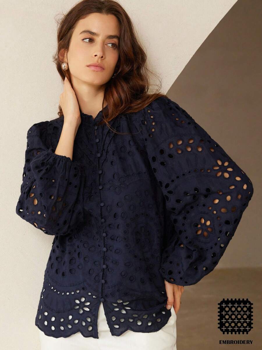 Aveloria Rosie New Autumn French Style Casual Luxury Embroidered Hollow-Out Pleated Front Long Sleeve Blouse Fall Cloth For Women - Navy Blue - View 1