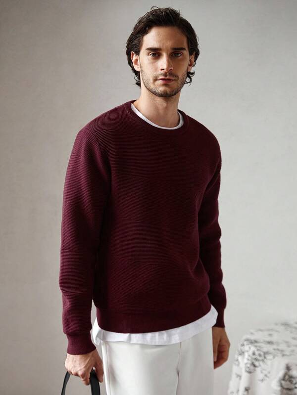 Manfinity CityGents Jersey de cuello redondo de unicolor, versátil, de manga larga para hombre, Old Money, otoño e invierno