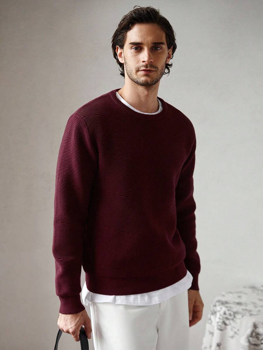 Manfinity Homme Áo len chui đầu tay dài cổ tròn màu trơn thường ngày đa năng cho nam, phong cách Old Money, thu đông - Màu Đỏ Sâu - Xem 1
