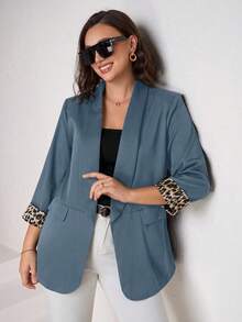 SHEIN Clasi Plus Size Women's Blazer Jacket With Leopard Print Contrast Cuffs, Elegant For Daily, Business And Commuting Wear In Fall/Winter - Dusty Blue - View 1