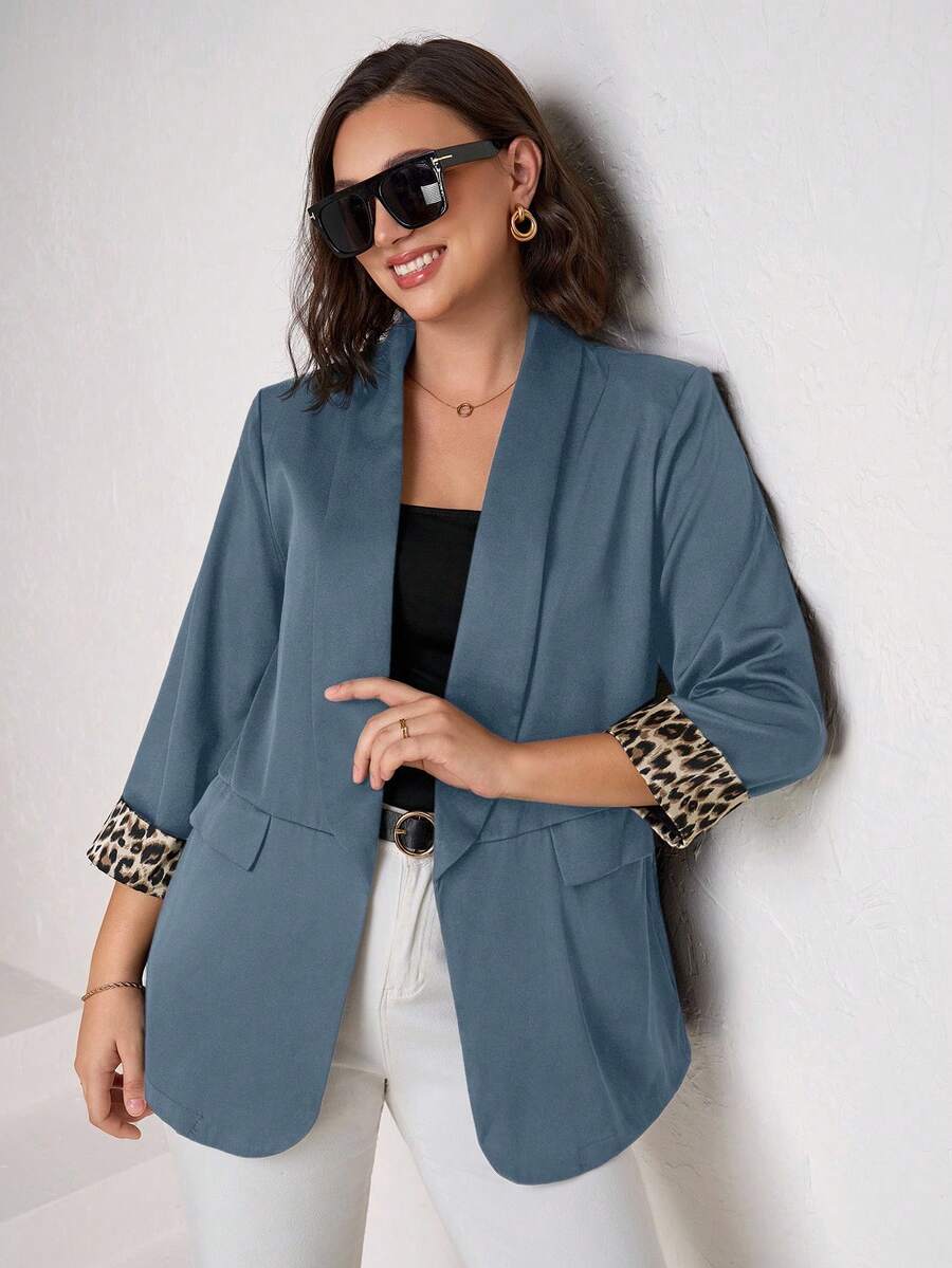 SHEIN Clasi Plus Size Women's Blazer Jacket With Leopard Print Contrast Cuffs, Elegant For Daily, Business And Commuting Wear In Fall/Winter - Dusty Blue - View 1