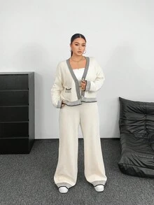 POPSWAY Autumn/Winter New Minimalist Versatile Faux Pocket Cardigan Long Sleeve Top And Pants Knit Suit Set Fall Cloth For Women - Apricot - View 5