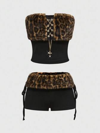 Grunge Punk Conjunto de 2 piezas de top corto y shorts ultra cortos con estampado de leopardo y textura de peluche, estilo Y2K Harajuku