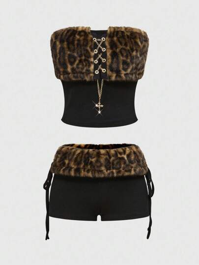 Grunge Punk Y2K Harajuku Leopard Print Furry Crop Top And Ultra-Short Shorts 2 Pieces Set