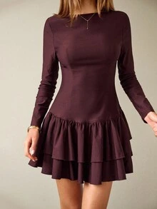 SHEIN BAE Váy ngắn chữ A cổ tròn tay dài họa tiết lá sen kép màu đỏ rượu vang trơn dành cho nữ mùa thu đông, váy thanh lịch, váy sinh nhật, váy thanh lịch phù hợp cho lễ hội, đám cưới, sinh nhật, mùa tốt nghiệp, váy bó, váy mùa thu cho nữ, quần áo Giáng sinh, quần áo Halloween cho nữ, trang phục đêm hẹn hò cho nữ, váy khách dự tiệc cưới, váy khách dự tiệc cưới váy trang trọng thanh lịch cho khách dự tiệc cưới - màu nâu - Xem 4