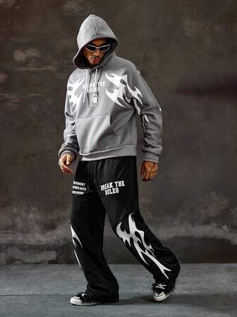 Street Life Men's Letter Print Long Sleeve Drawstring Hoodie And Sweatpants Casual Suit