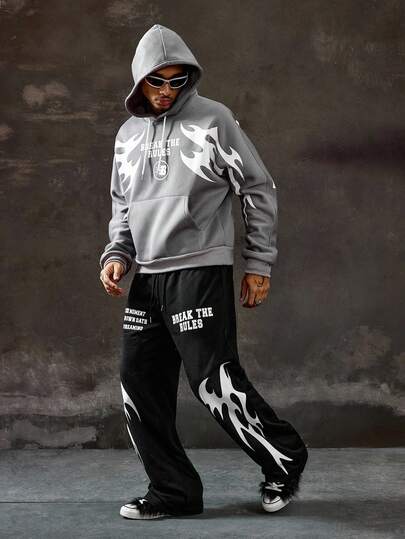 Street Life Men's Letter Print Long Sleeve Drawstring Hoodie And Sweatpants Casual Suit