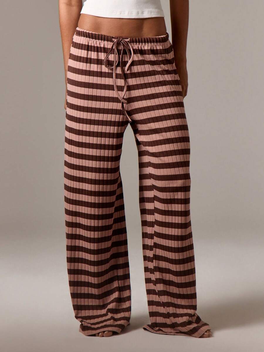 AiiRZ 舒适阔腿罗纹休闲裤舒适条纹睡裤睡裤带抽绳松紧腰宽松家居服