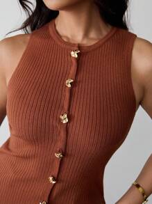 Islaluna Chaleco de punto acanalado con botones para mujer, informal - Café integral - Ver 5