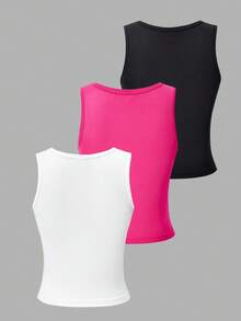 SHEIN ChillGRL 3 件套青少年女孩简约休闲百搭背心衣服，春夏 - 彩色 - 查看 2