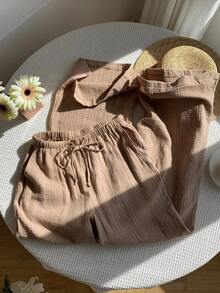 Comfortcana 女秋季针织100%纯棉泡泡格长裤，适合秋冬，秋冬女装，秋冬裤子搭配，秋冬百搭百搭，秋冬新款长裤 - 彩色 - 查看 5