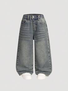 Young Boy Retro Washed Loose Straight Leg Jeans, Fashionable Streetwear, Versatile For Outdoor, Indoor Casual Wear Chic Outfits For Autumn/Winter