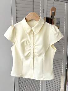 SHEIN 青少年女孩纯色翻领修身短袖开衫衬衫 - 米色 - 查看 5