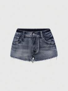 ROMWE J-Fashion 复古Y2K朋克风超低腰超短拉链铆钉口袋刺绣女式牛仔短裤 - 深色水洗藍 - 查看 2