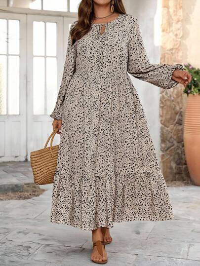EMERY ROSE Plus Size Women's Fall  Casual  Everyday Long Sleeve Ditsy Floral Knot Collar Ruffle Hem Long Dress,Country Clothing Outfits,Fall Women Clothes,Vacation Outfits Women,Simple And Fashionable For Everyday Wear,Fall Clothes For Women,Vintage,Going Out Outfits, New Clothes,Fall Dresses For Women,Flowy Dress, Women Clothes,Flower/Spring/Summer