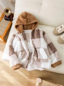 SHEIN 1件男童休閒保暖帶帽外套，格紋設計，加厚保暖，綿布內裡及口袋