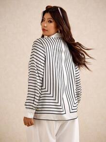Elaquor Plus Size Striped Print Button Front Casual Long Sleeve Shirt - Black and White - View 2