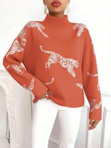 SHEIN Clasi Women's Casual Leopard Print Dropped Shoulder Long Sleeve Loose Knit Sweater, Autumn Fall Winter Cloth For Women