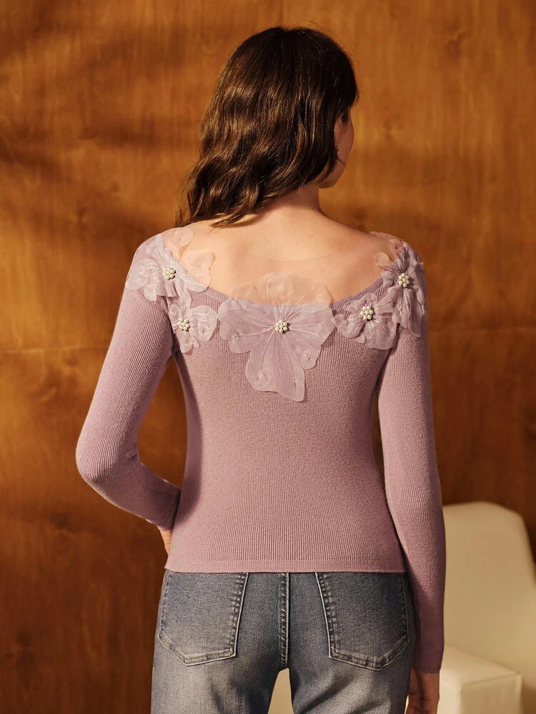 Women's Autumn/Winter 3D Floral Long Sleeve Knit Top, Organza Collar, Fitted, Soft & Cozy Sweater For Outings