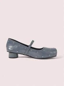 CUCCOO DOLLMOD Damen Quadratische Zehenkappe Nieten Dekor Schwarze Quadratische Zehenkappe High Heel Mary Jane Schuhe, Zylinderabsatz, klassischer Retro Stil