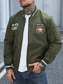 Manfinity Homme 男士长袖秋季字母印花拉链休闲飞行员夹克 橄榄绿 - 軍綠色 - 查看 3