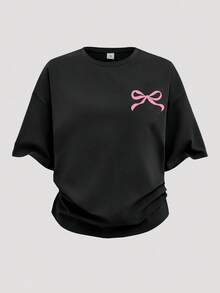 SHEIN Girlism 2 件套青少年女孩休闲宽松插肩袖圆领图案 T 恤和短裤套装，轻质针织套头衫和抽绳短裤，适合日常穿着、返校、假期、户外活动、春季 - 黑色 - 查看 3