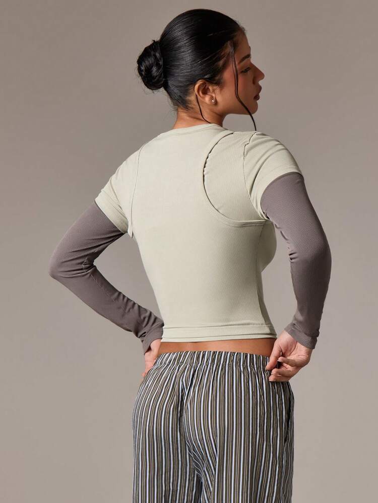 Contrast Layered Crop Top With Long Sleeves