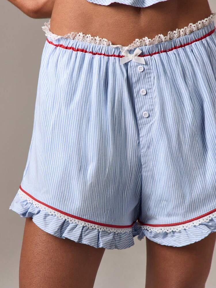Striped Boxer Shorts With Ruffle And Lace Trim
