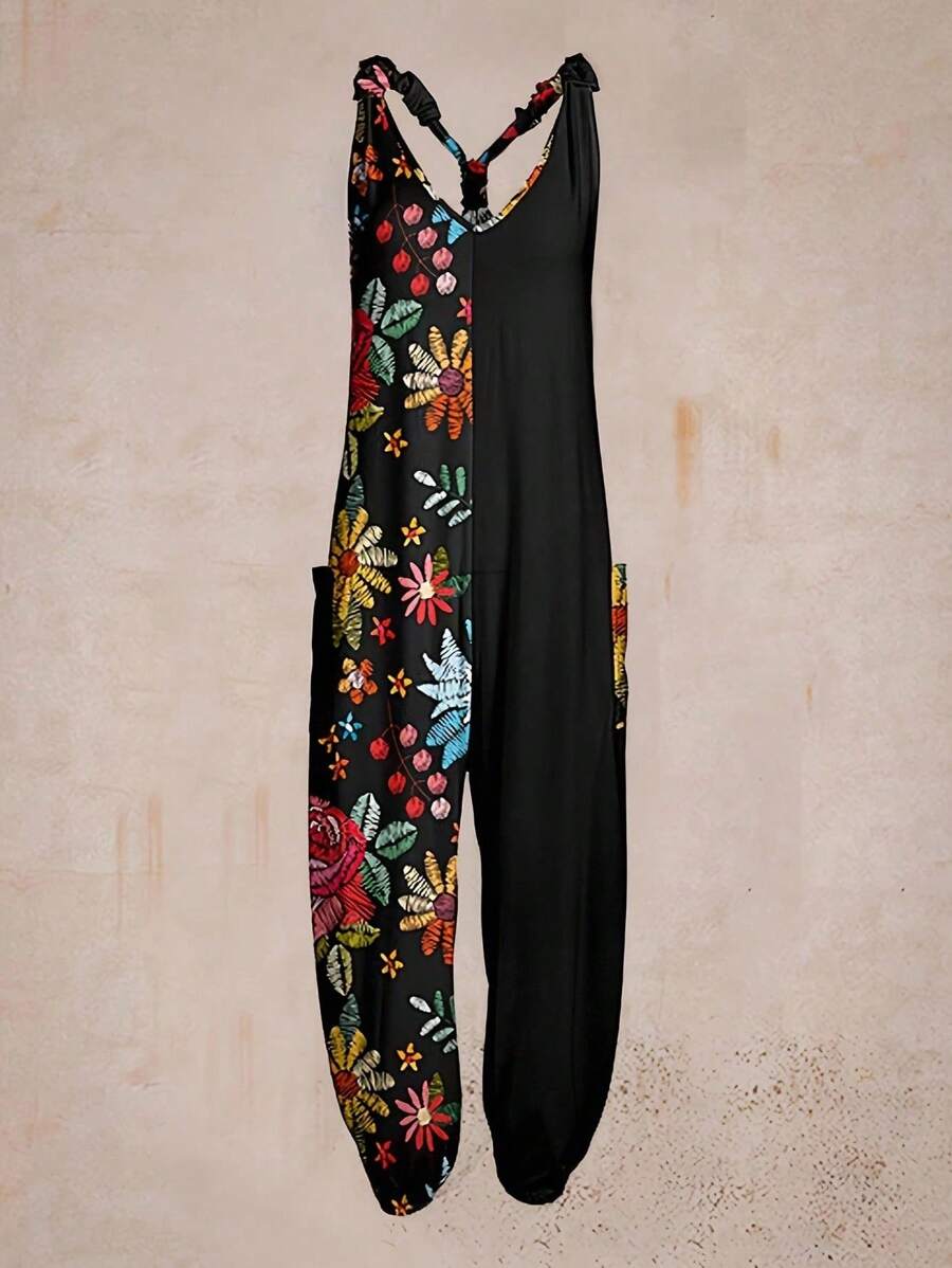 EMERY ROSE Große Größen Damen Jumpsuit mit Blume Muster und einfarbigen Patchwork-Elementen ohne Ärmel